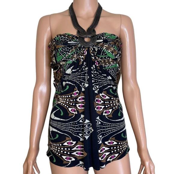 Made in USA top blouse black and chain detail halter style black printed stretch - Picture 2 of 9